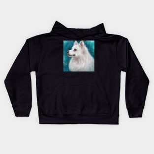 Painting of a Fluffy White Japanese Spitz Dog on Blue Background Kids Hoodie